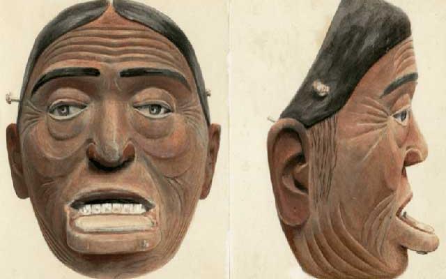 Water colour painting showing front and side view of Haida wooden mask 