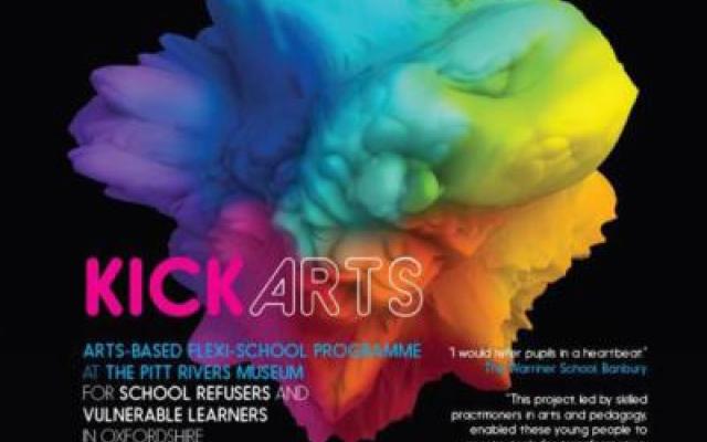 Kick Arts Project poster with multi-coloured design on black background