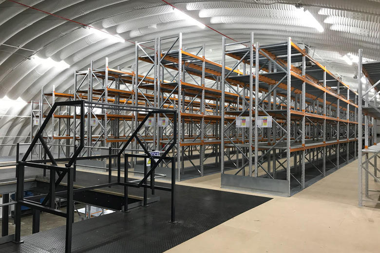 Shelving racks in a hangar