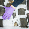 Gloved hands packing a collection of bells