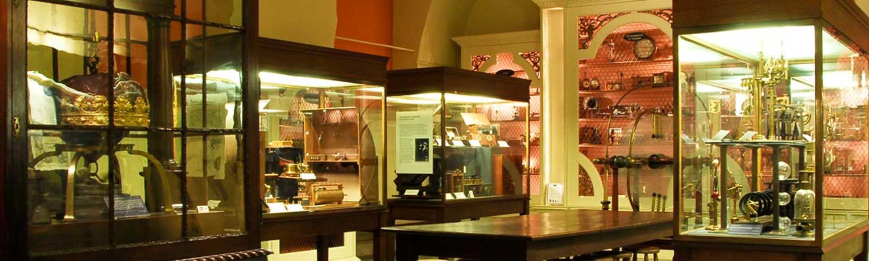 View of display cases at the Museum of the History of Science