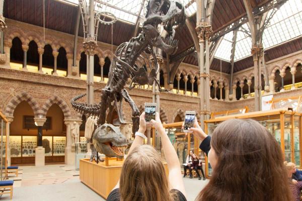 Young people using mobile devices under the T. rex skeleton in the Museum of Natural History
