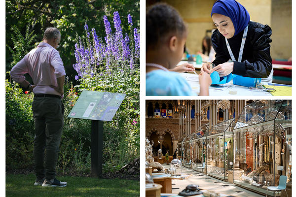 Collage of three photographs in a grid format. On the left, a gentleman stands reading an interpretation panel in a garden; top right, a woman and young girl take part in craft activities; bottom right, displays in the Museum of Natural History.