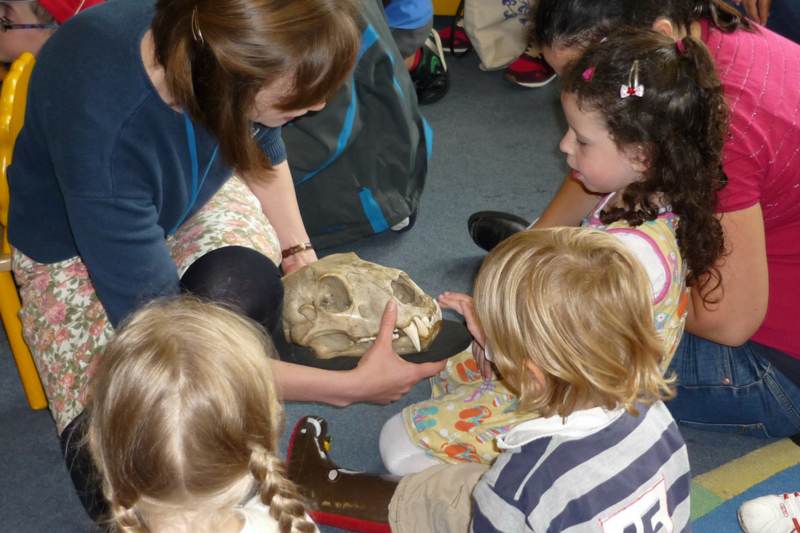 Staff member showing an object to a group of children