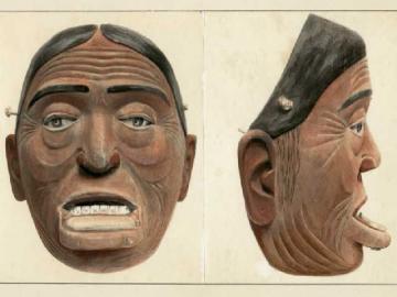 Water colour painting showing front and side view of Haida wooden mask 