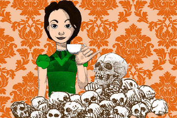 Illustration of a girl holding up a teacup behind a pile of skulls with an orange pattern background