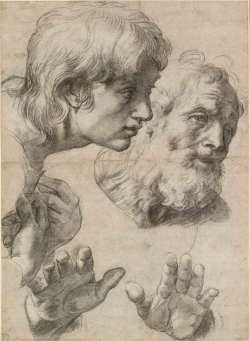 Raphael, The heads and hands of two apostles (black chalk with over-ounved uderdrawing with some white heigtening)