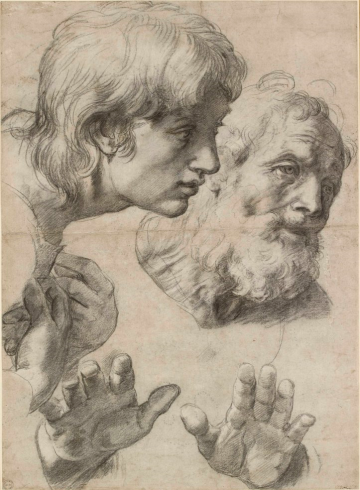 Charcoal drawing of the heads and hands of two apostles 