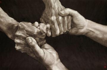 Monochrome painting of two pairs of interlinking hands