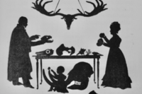 silhouettes of a man and a women looking at nature specimens on a table in between them. There is a deer skull hanging above the table of specimens and underneath is a child looking at an elephant skull.