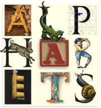 A collection of letters and pictures of animals and people