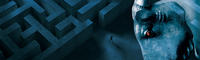 A deep blue background featuring the outline of a maze to the left hand size and the close up image of a carved horses head on the right.  