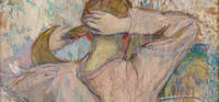 A painting showing the back of woman dressed in a loose pink shirt as she ties back her long auburn hair. 