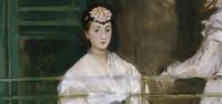 A close up image of the Portrait of Fanny Price by Manet.  It shows the top half of a seated figure -  a young, white woman in a white dress.  She has black hair which is piled up on the top of her head and features a headband of pink and white flowers. 