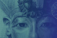 The logo of the exhibition which features a faded close up image of Tutankhamun’s death mask in a dark blue filter.