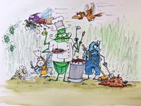 Image for Cartoon Insects. Cartoon drawing of various insects carrying out human tasks. There is a beetle dressed as a chef with a plate of food, a bug dressed in dungarees sweeping garbage and a butterfly watering daisies.
