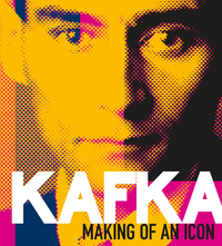Stylised, pop art-style image of Franz Kafka’s face in orange, pink and black