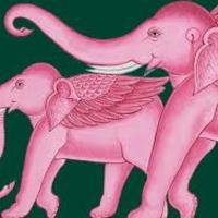 2 pink winged elephants on a green background. 